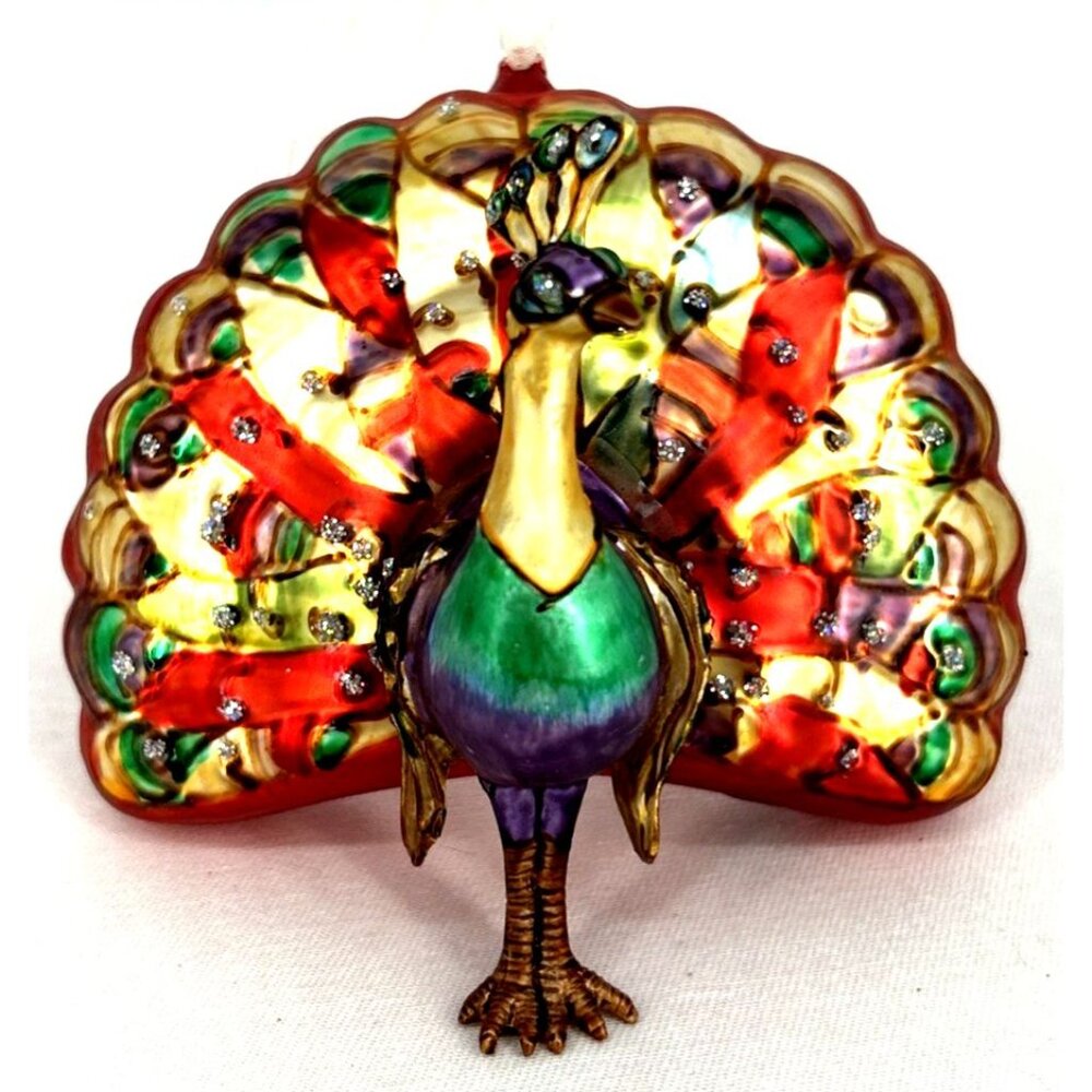 Peacock Christmas Ornament Multicolor Bird Hand Blown Glass 4" Wide Vintage